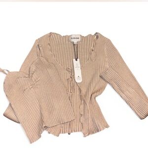 Olive + Oak Heather Oatmeal Knit Cardigan & Crop Top Set - Size S